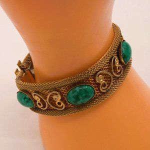 Vintage Green Glass Turquoise Cabochon Gold Tone 3 Stranded Mesh Bracelet 6.5"